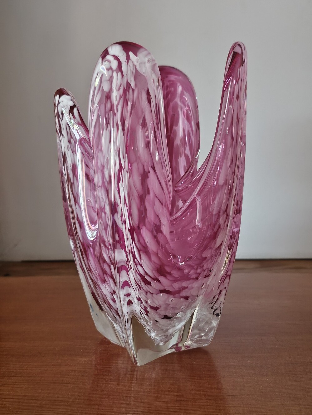 Vintage Mid-Century Pink Spatter Art Glass Vase | Sculpted Fluted Rim Hand-Blown